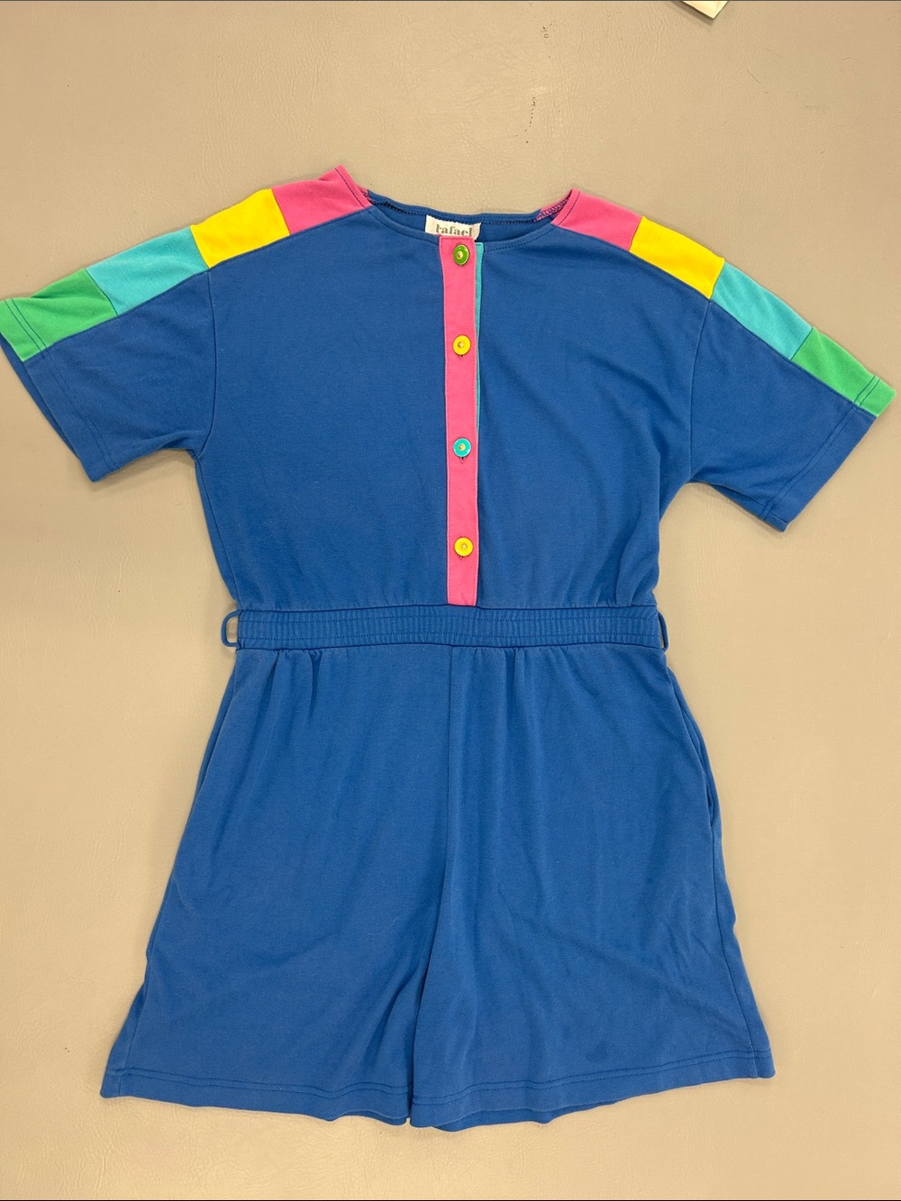 Vintage Jersey Cotton 90s Rafeal Blue Romper with Pink Trim and Colorful Buttons